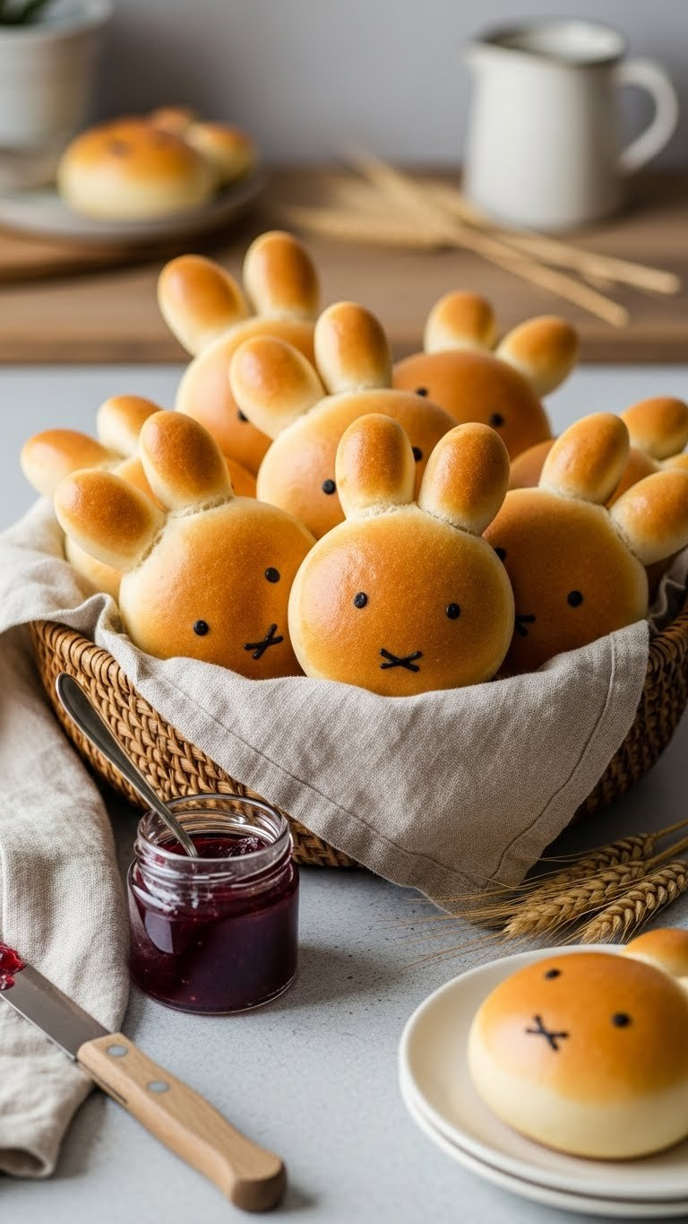 Miffy-Shaped Bread Buns In Woven Basket With Linen Cloth And Jam Jar On Kitchen Counter