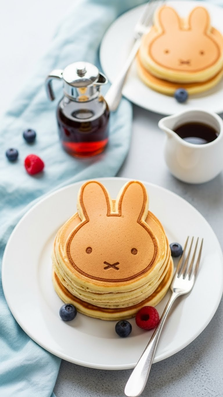 Miffy-Shaped Pancake Stack With Edible Faces On White Plate With Maple Syrup Pitcher