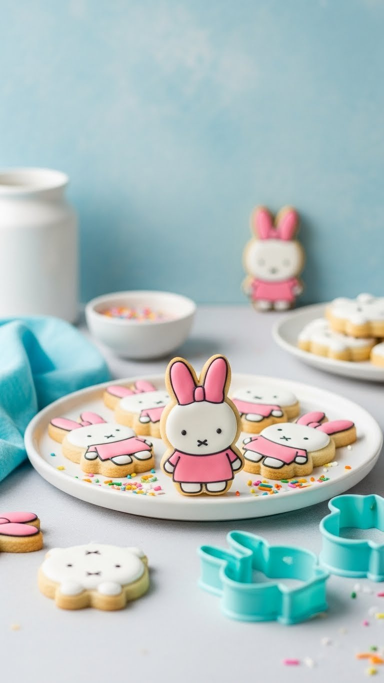 Miffy Sugar Cookies Decorated With Royal Icing Faces Arranged On White Ceramic Platter With Sprinkles And Cookie Cutters