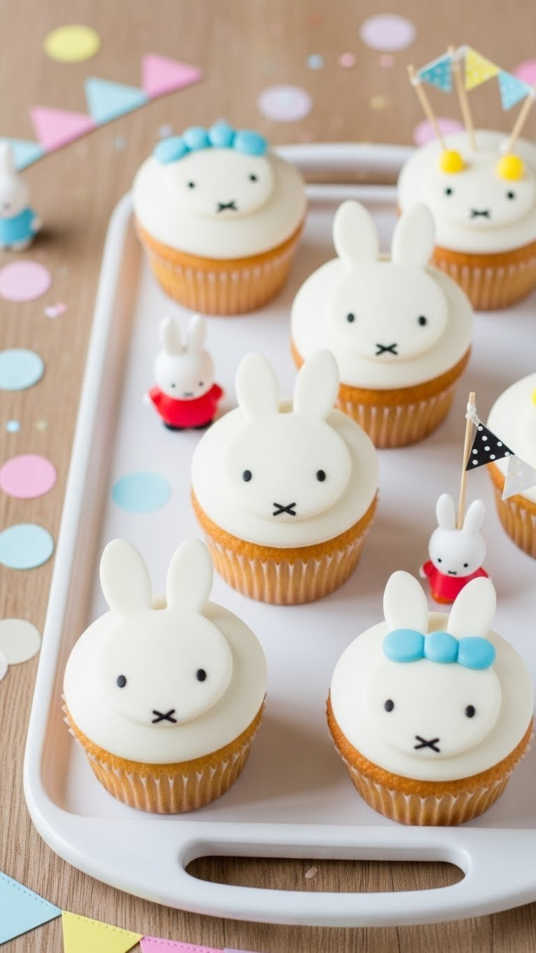 Miffy-Themed Cupcakes With Buttercream Frosting And Iconic Faces Arranged On White Serving Tray