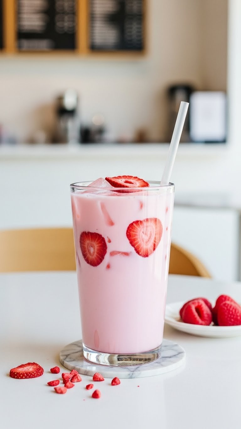 Milky Pastel Pink Starbucks Pink Drink Dupe In Clear Tumbler With Freeze-Dried Strawberries And Straw