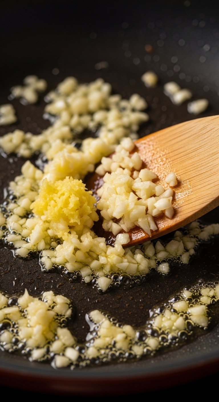 Minced Garlic And Grated Ginger Sautéing In A Non-Stick Pan With A Wooden Spatula.