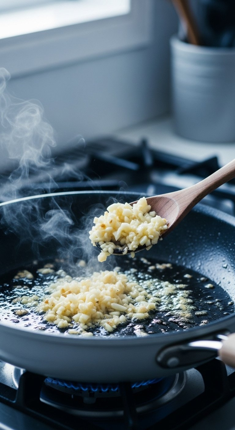 Minced Garlic Sautéing In Melted Butter Inside A Skillet With Browned Bits Visible.