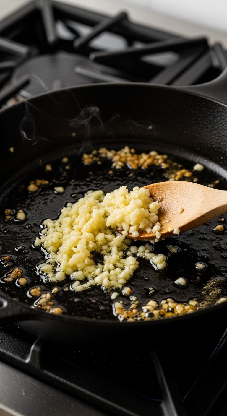 Minced Garlic Sautés In Butter Inside A Cast-Iron Skillet With Browned Bits And A Wooden Spoon.
