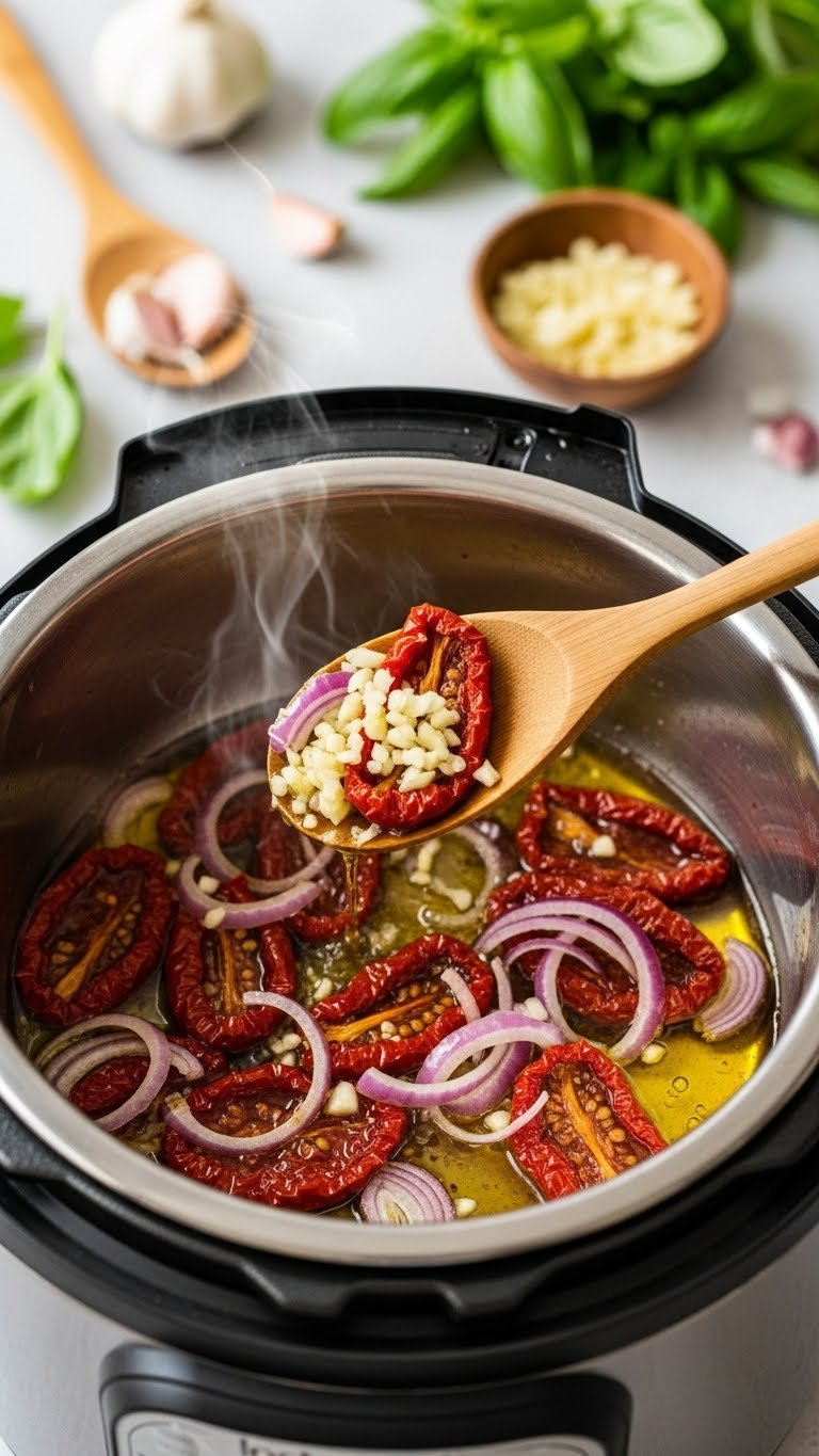 Minced Garlic, Sliced Sun-Dried Tomatoes, And Shallots Sautéing In Golden Oil Within A Stainless Steel Instant Pot Liner With Steam.