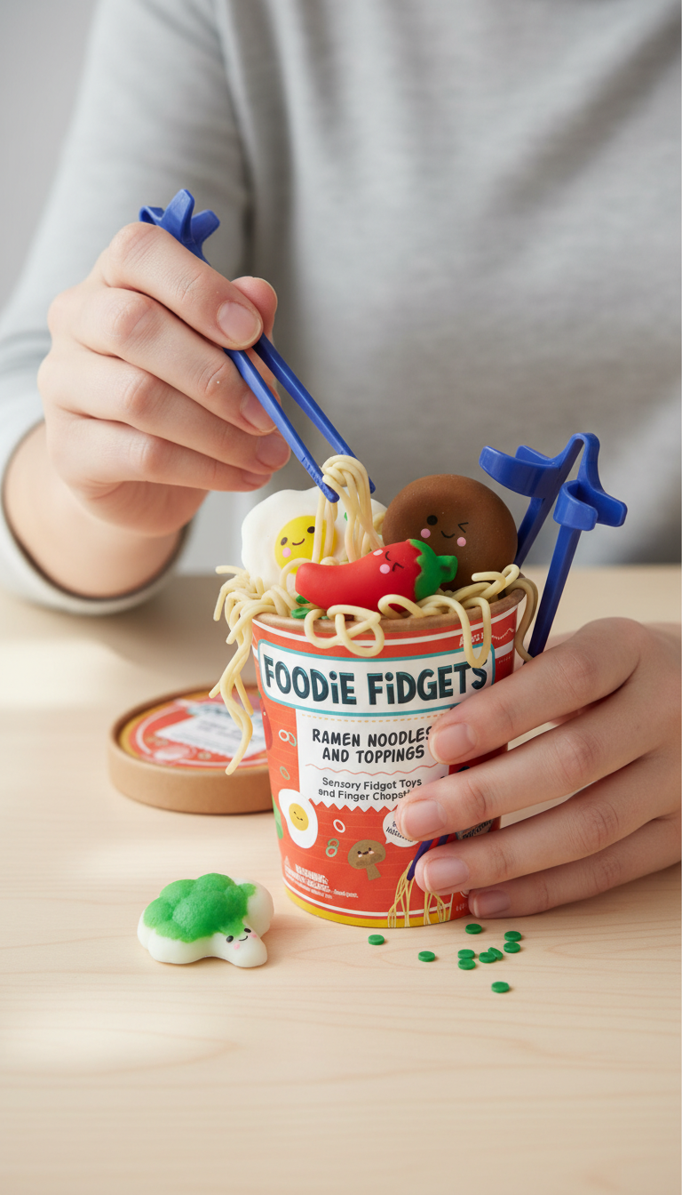 A Photo Showing The Mindware Foodie Fidgets Ramen Noodles On A Desk Next To A Keyboard, With A Hand Interacting With It.