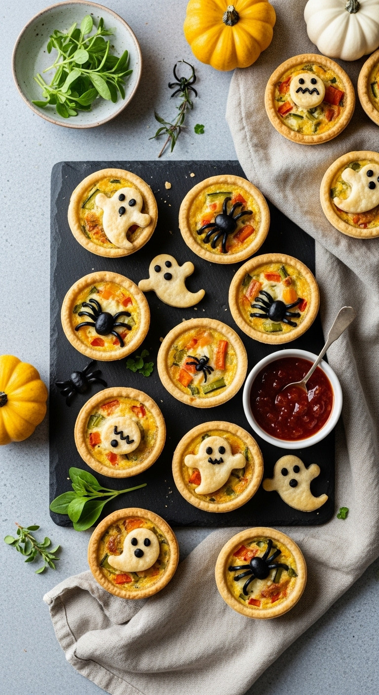 Mini Halloween Quiches With Olive Spiders And Pastry Ghosts, Golden Crust, On A Dark Slate Tray With Herbs And Gourds. Spooky Appetizers.