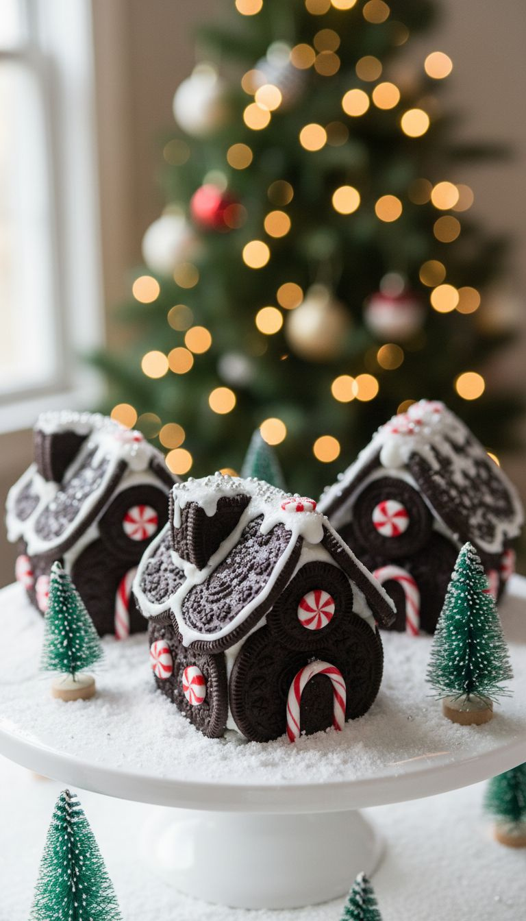 Mini No-Bake Oreo Gingerbread Houses: Royal Icing, Peppermint, Silver Dragees On Powdered Sugar Snow. Festive Display.