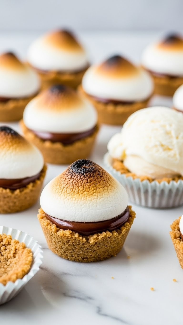 Mini S'mores Cups: Crisp Graham Cracker Crust, Melted Chocolate Center, Charred Marshmallow Top. Perfect Party Dessert On Marble.