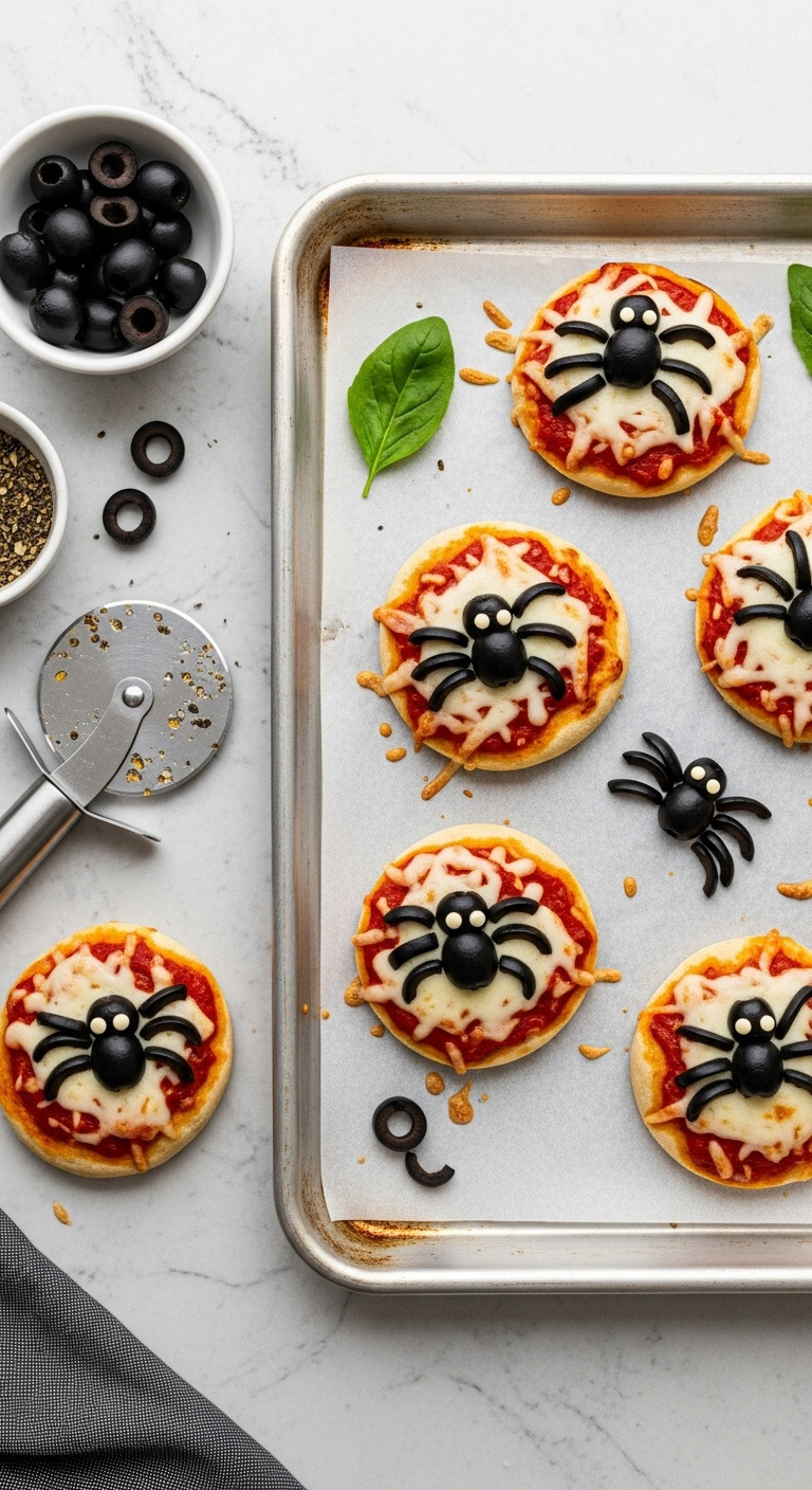 Mini Spider Pizzas Baking Sheet Halloween Snack Flat Lay Food Photography