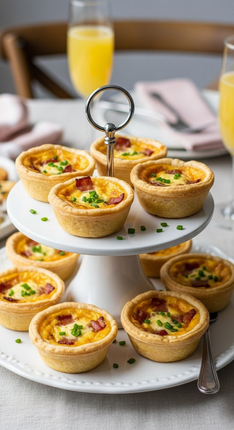 Mini Bacon And Gruyère Quiches On A Three-Tiered Serving Stand, An Elegant Bite-Sized Appetizer For A Holiday Brunch.
