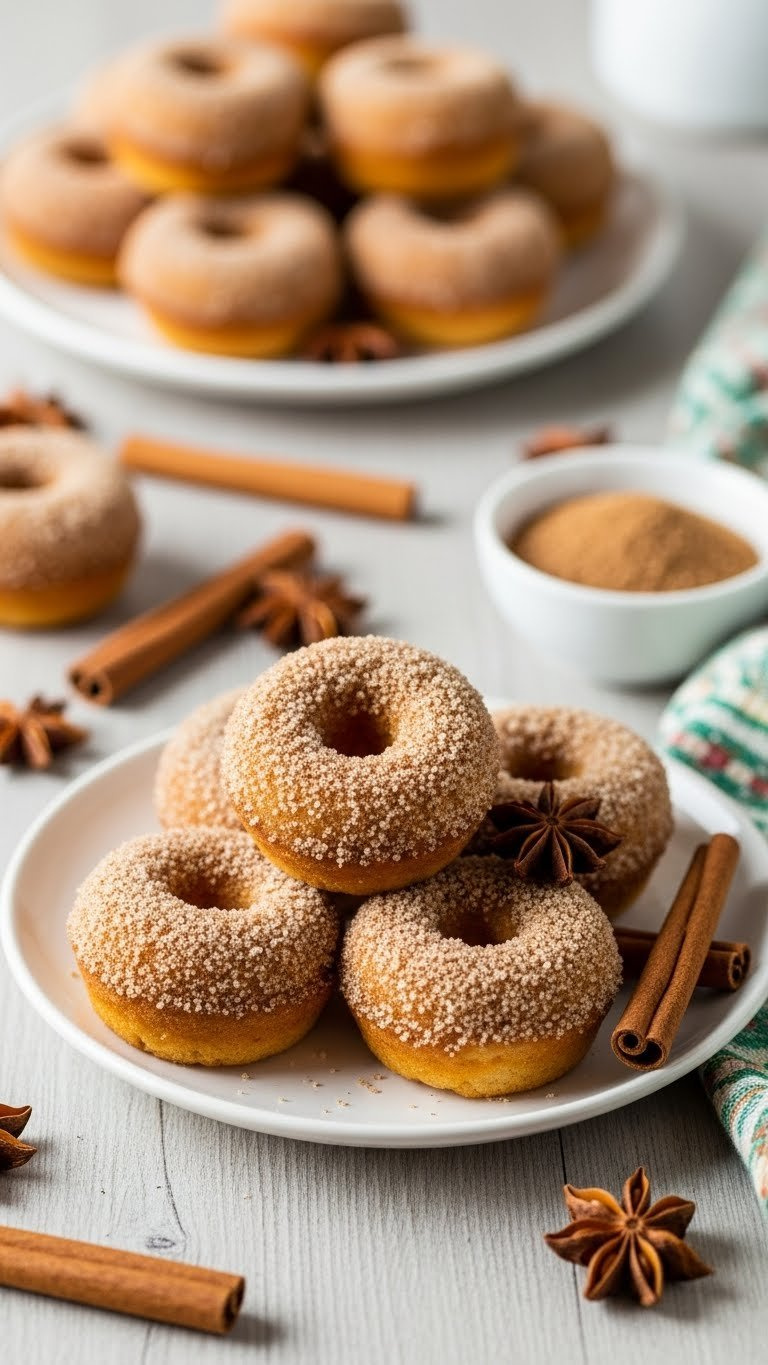 Mini Baked Apple Cinnamon Donuts Coated With Cinnamon-Sugar Blend On White Ceramic Plate