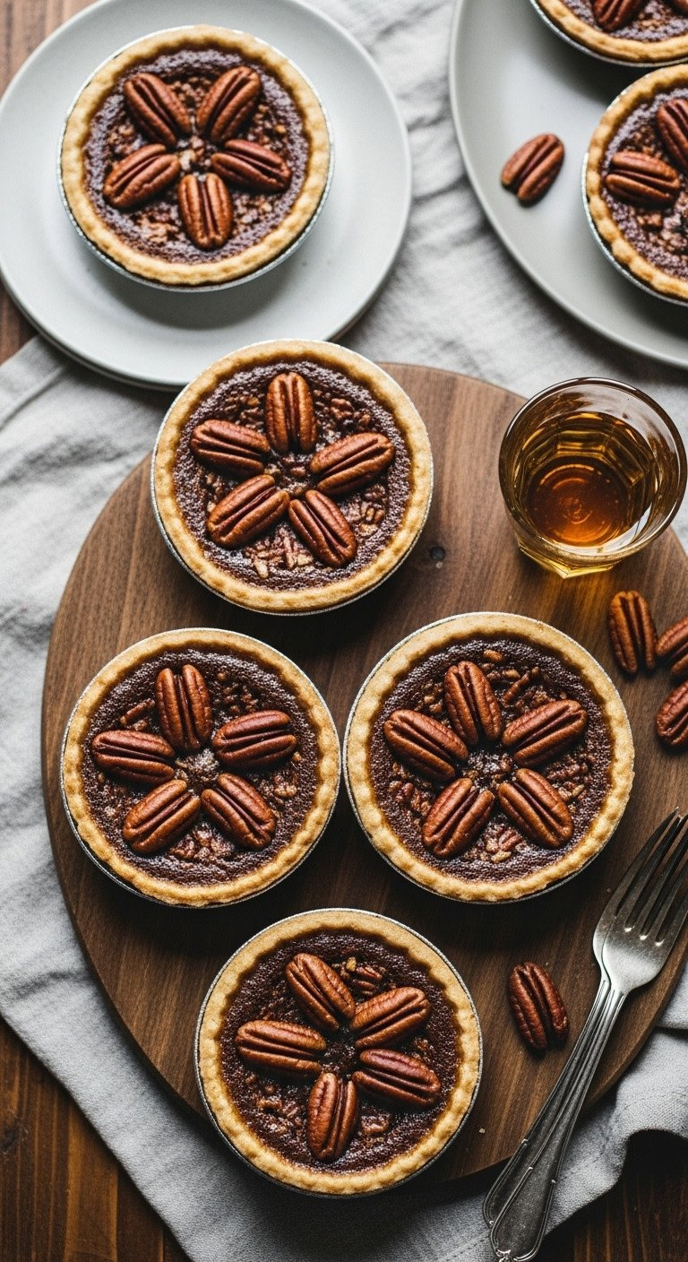 Mini Bourbon Pecan Pies In Tart Tins With Glossy Filling, Pecans, Bourbon, Wood Board On Rustic Table.