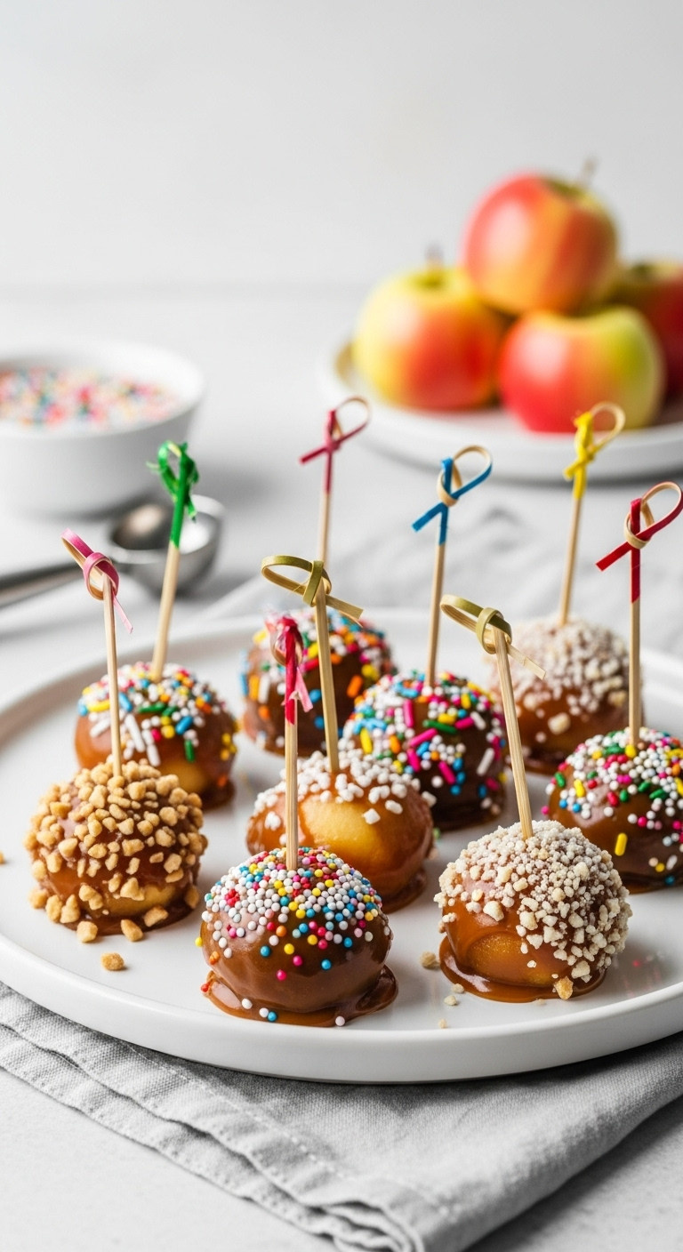 Mini Caramel Apple Bites Scooped With A Melon Baller Dipped In Caramel And Colorful Sprinkles On A White Plate