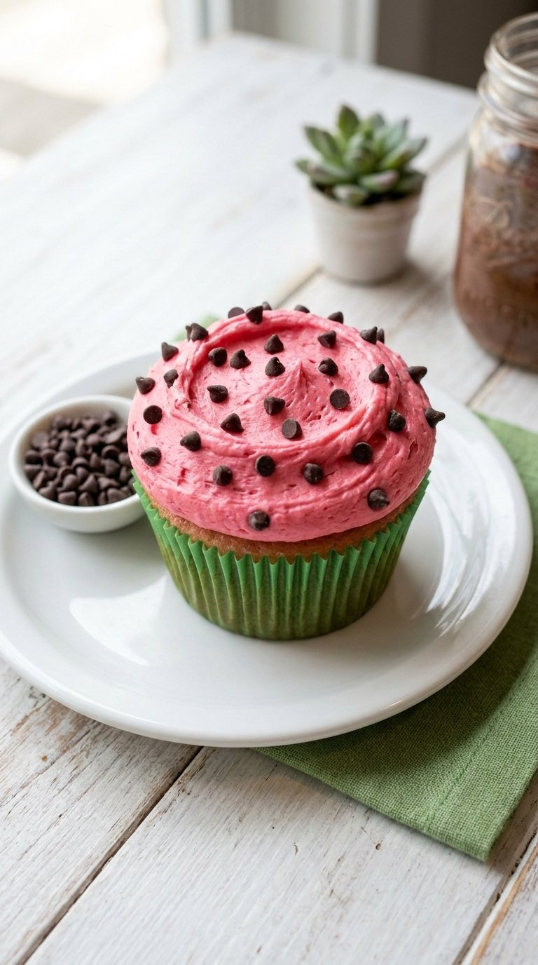 Mini Chocolate Chips Scattered On Top Of Vibrant Pink Frosted Cupcake Resembling Watermelon Seeds.