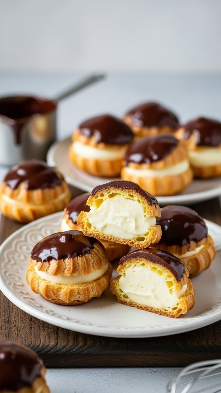 Mini Chocolate Éclairs: Golden Choux Pastry, Vanilla Cream, Shiny Chocolate Glaze On Elegant Plate.
