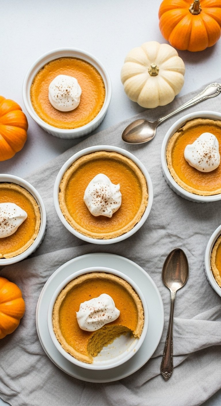 Mini Crustless Pumpkin Pie Custards In Ramekins, Topped With Whipped Cream And Nutmeg. Elegant Fall Dessert Recipe.