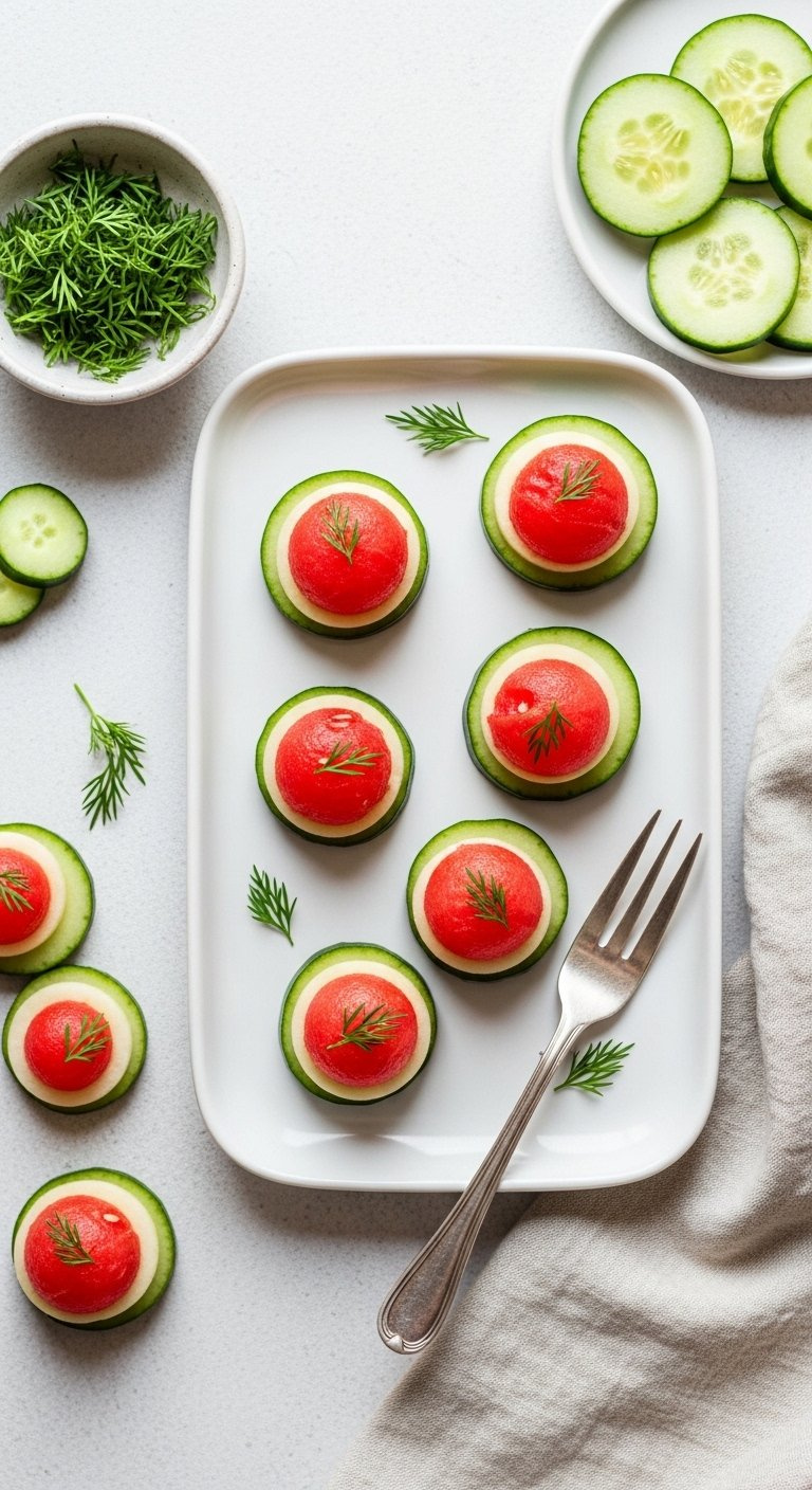 Mini Cucumber And Watermelon Bites Garnished With Fresh Dill On A White Rectangular Serving Plate.
