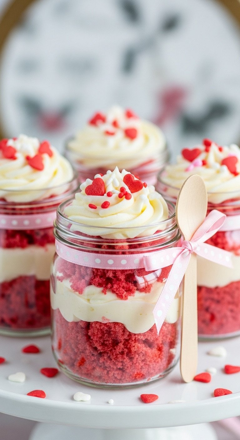 Mini Cupcake Jars With Layered Pink Velvet Cake, White Buttercream &Amp; Red Heart Sprinkles, Sealed For Transport.