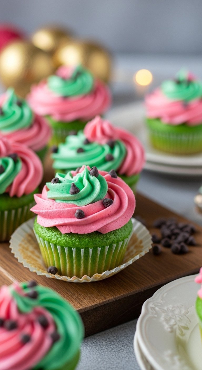 Mini Cupcakes Topped With Swirled Pink And Green Buttercream Frosting And Chocolate Chip Seeds.