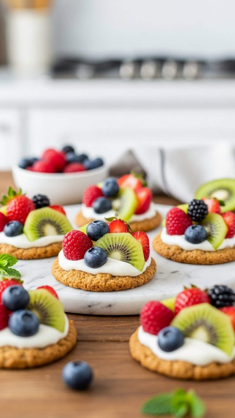 Mini Fruit Pizzas On Oatmeal Cookie Crusts Topped With Yogurt Spread And Colorful Fresh Berries Arranged On Rustic Wooden Table