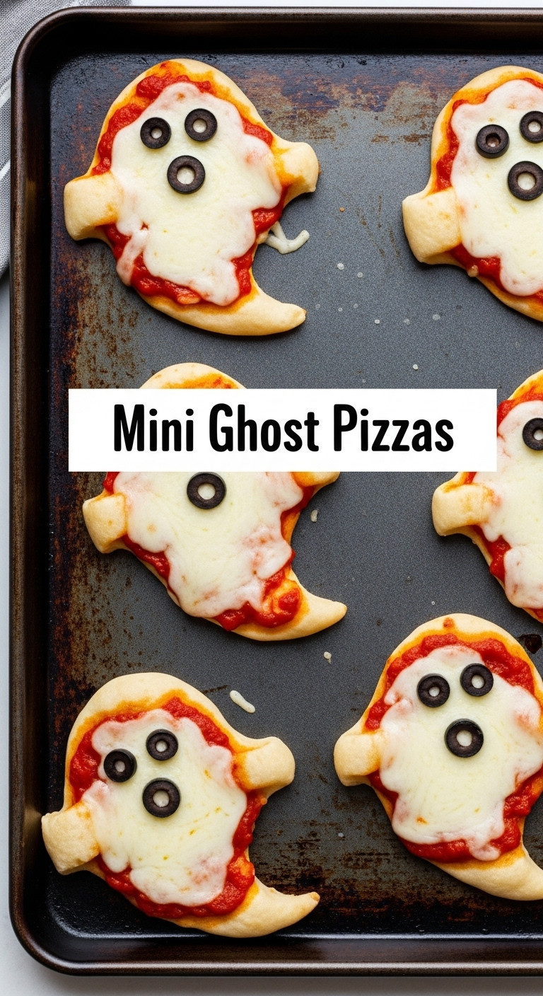 Mini Ghost Pizzas Made With Naan Bread Mozzarella And Black Olive Faces On A Dark Baking Sheet