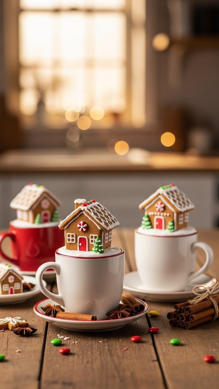Mini Gingerbread House Mug Toppers Perched On Ceramic Mugs With Candy Decorations In Warm Kitchen Setting