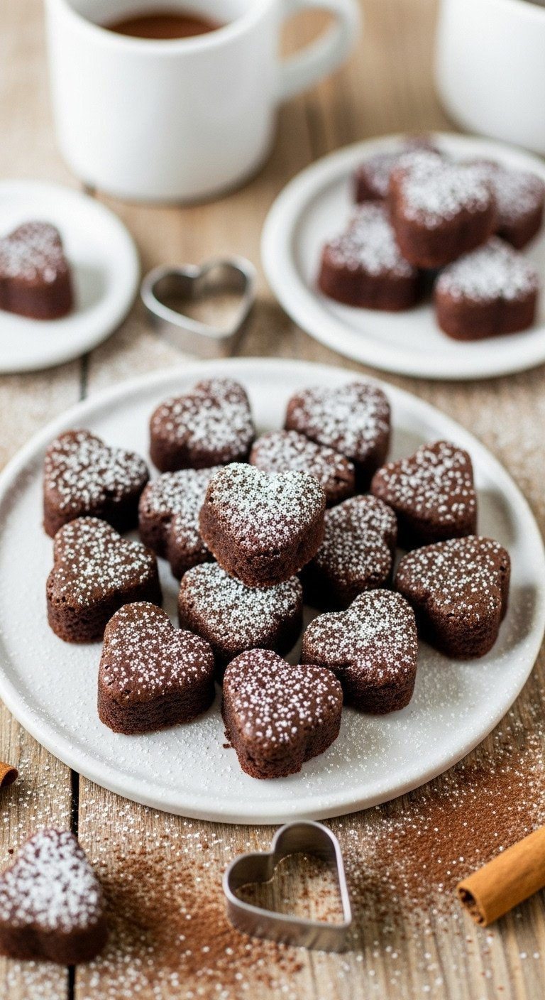 Mini Heart-Shaped Brownies With Powdered Sugar On A Rustic Wooden Table, Next To A Heart Cookie Cutter And Cocoa Dusting.