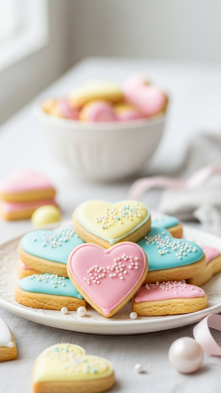 Mini Heart-Shaped Sugar Cookies With Pastel Royal Icing And Sprinkles Arranged On White Ceramic Plate With Soft Natural Lighting