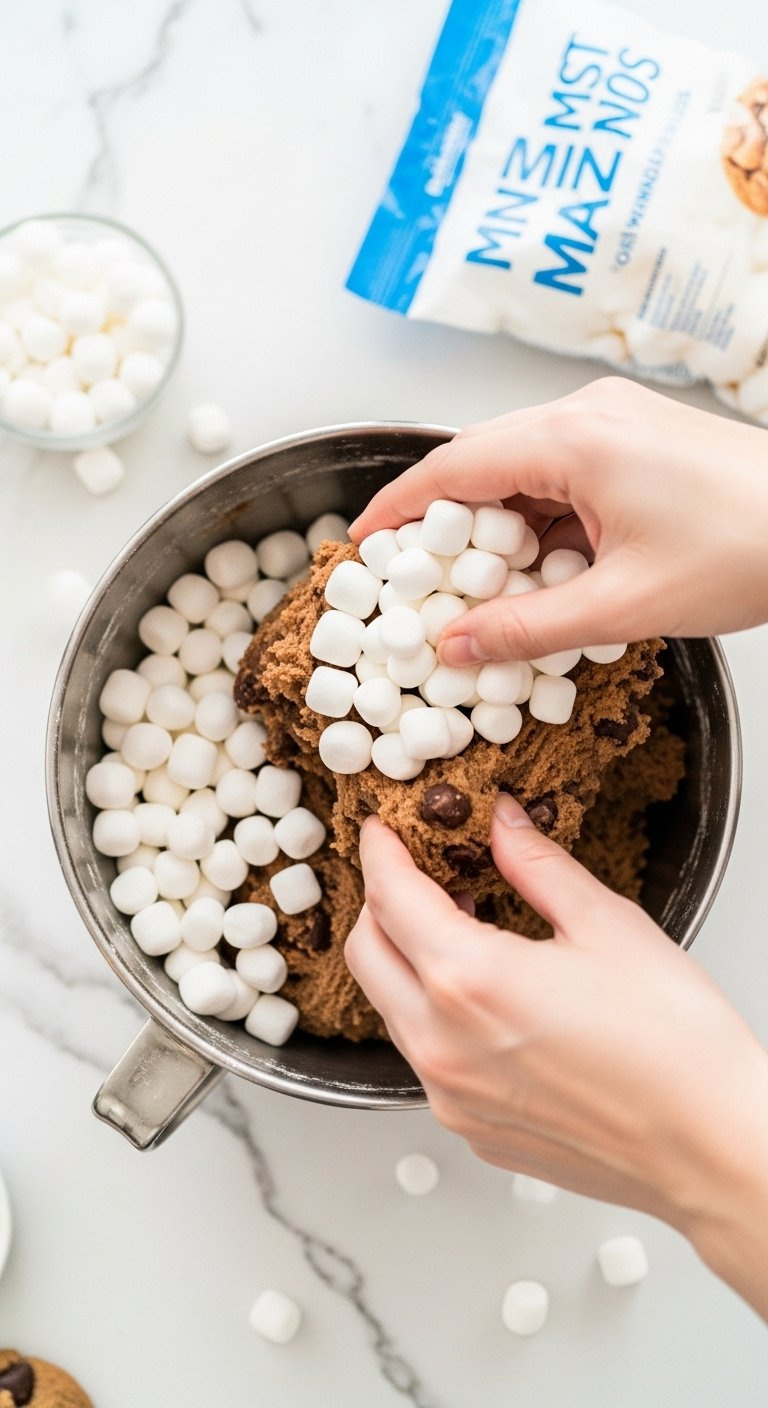 Mini Marshmallows Being Gently Folded Into Chocolate Cookie Dough In A Stainless Steel Mixing Bowl.