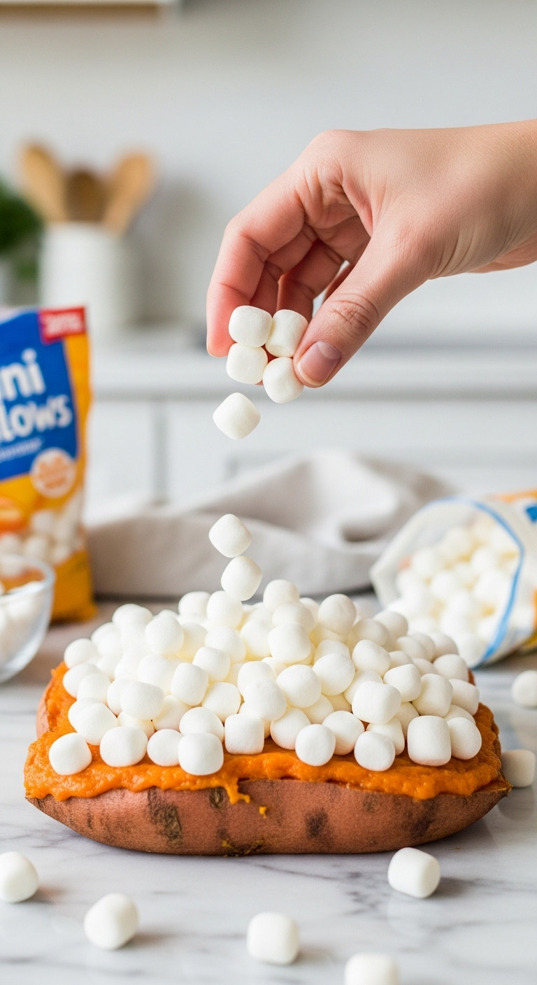 Mini Marshmallows Scattered Generously Over Hot, Vibrant Orange Sweet Potato Casserole, Ready For Baking.