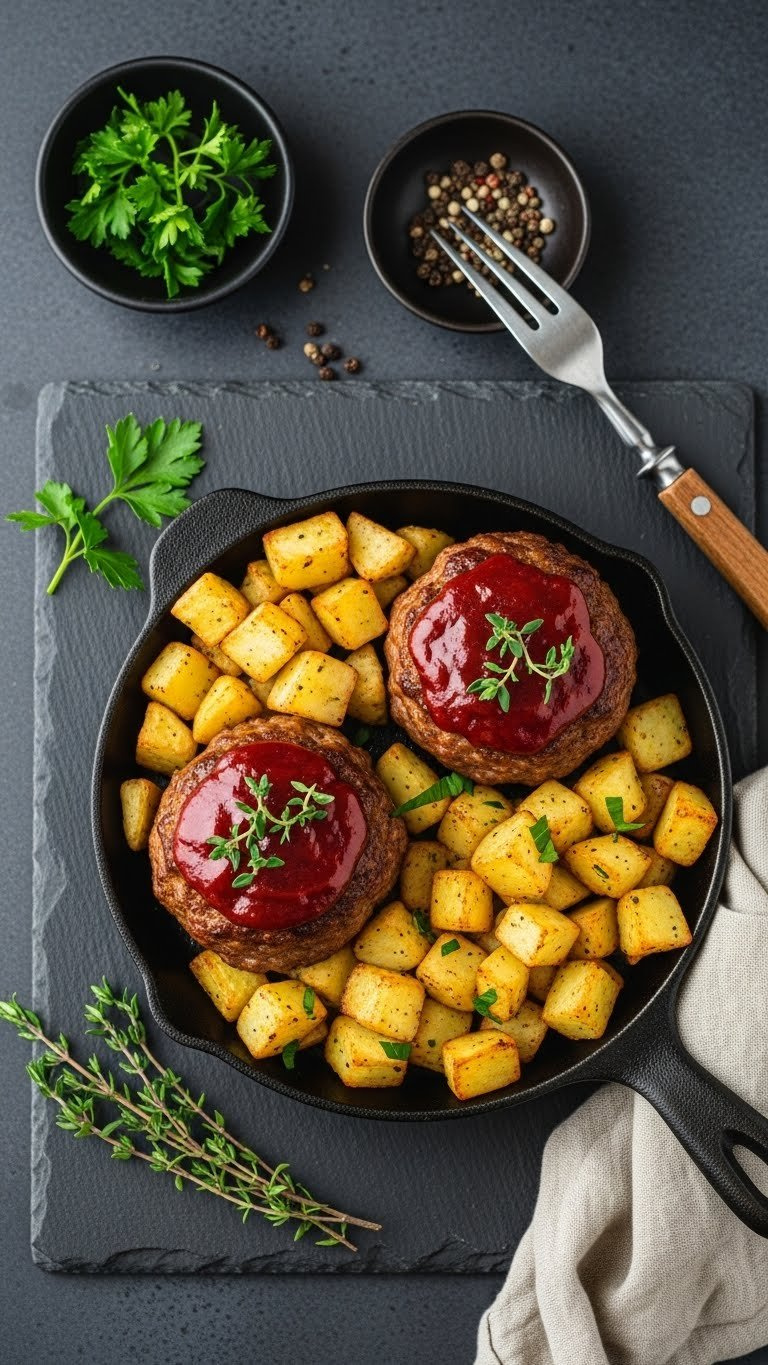 Mini Meatloaves With Savory Glaze Accompanied By Golden Roasted Potato Cubes In Cast Iron Skillet