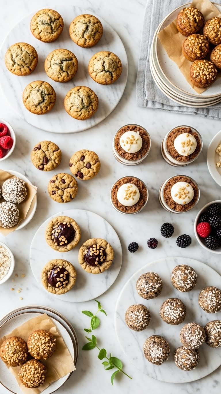 Mini Muffins, Cookie Dough Bites, Parfaits, And Protein Balls Arranged For Portion Control On Marble Countertop