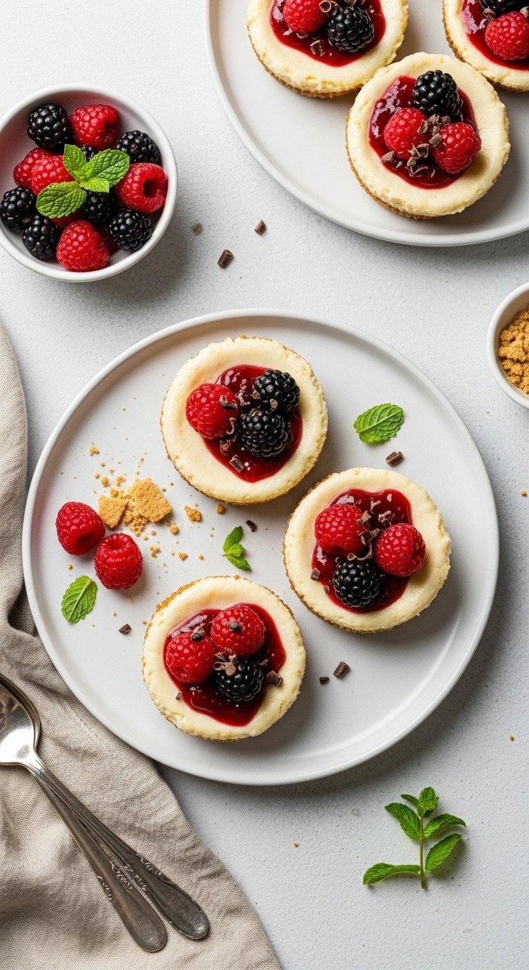 Mini No-Bake Cheesecakes With Berry Compote &Amp; Mint On A White Plate. Elegant Individual Desserts With Graham Cracker Crumbs.