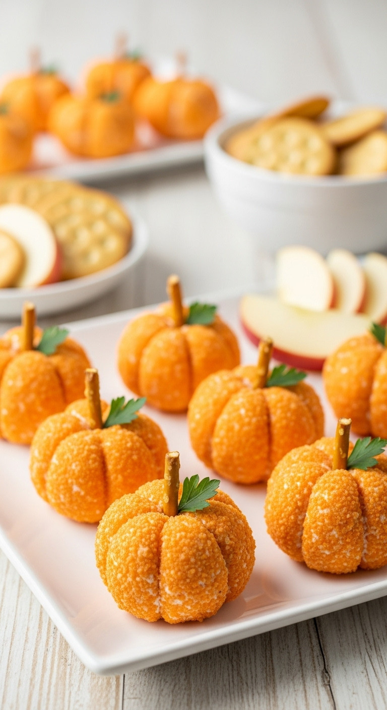 Mini Pumpkin Cheese Balls With Pretzel Stems And Parsley On A White Platter With Crackers