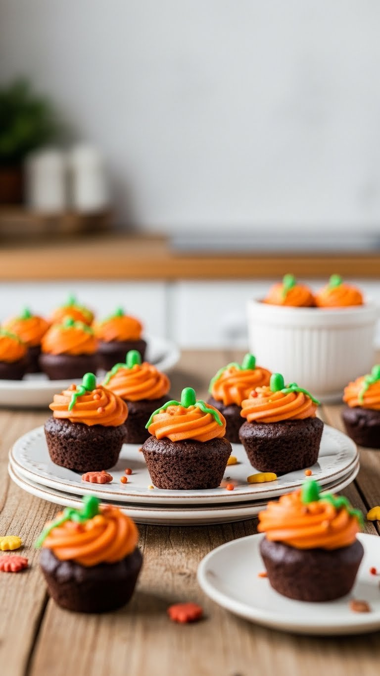 Mini Pumpkin Patch Brownie Bites With Orange Frosting Swirls And Green Candy Stems Arranged On Rustic Wooden Table In Close-Up Food Photography