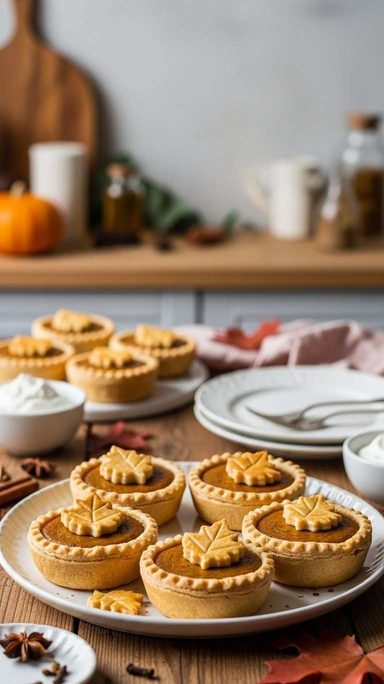 Mini Pumpkin Pies With Decorative Pastry Leaf Cutouts Arranged Elegantly On Rustic Autumn Serving Platter