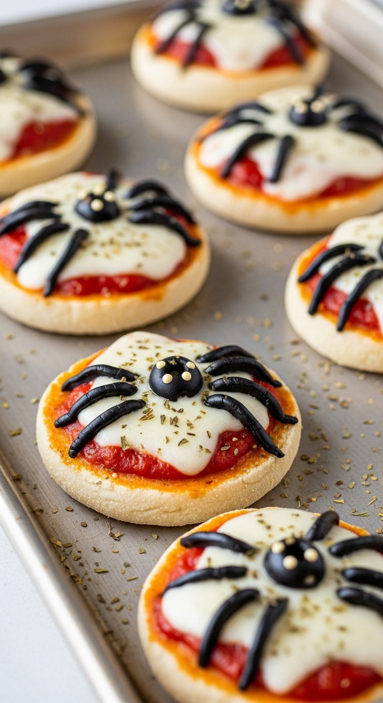 Mini Spider Pizzas On English Muffins With Melted Mozzarella And Black Olive Spiders On A Baking Sheet For A Halloween Crowd
