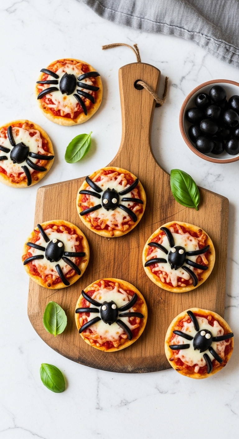 Mini Spider Pizzas With Black Olive Spiders On A Wooden Pizza Peel For Fun And Creepy Halloween Finger Food