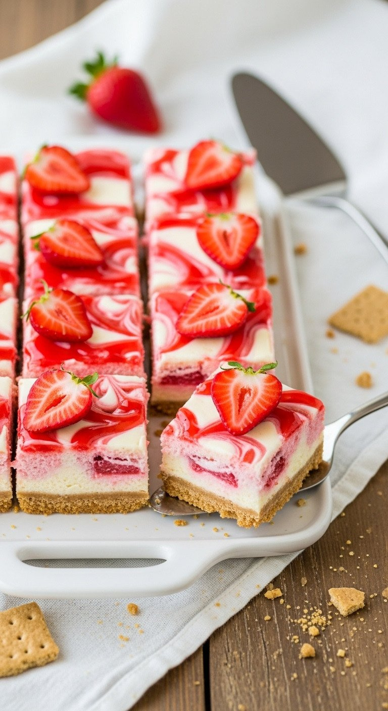 Mini Strawberry Cheesecake Bars With Graham Crust, Pink Swirl, Fresh Strawberries On A White Platter. Delicious, Creamy Dessert.