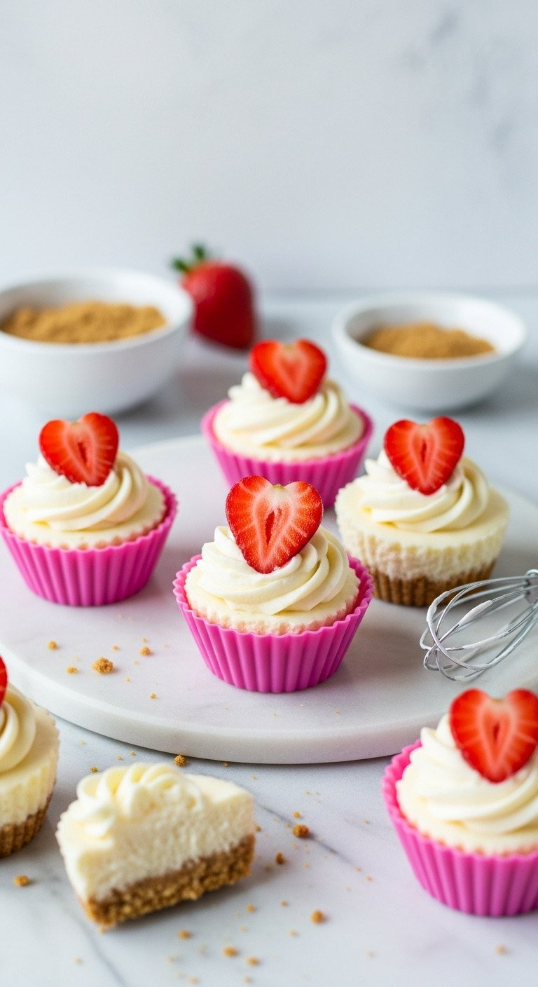 Mini Strawberry No-Bake Cheesecake Bites In Pink Cups, Cream Cheese Frosting, Sliced Strawberry Heart.