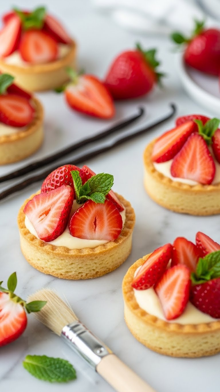 Mini Strawberry Tarts With Golden Pastry Shells, Vanilla Creme Patissiere And Sliced Berries