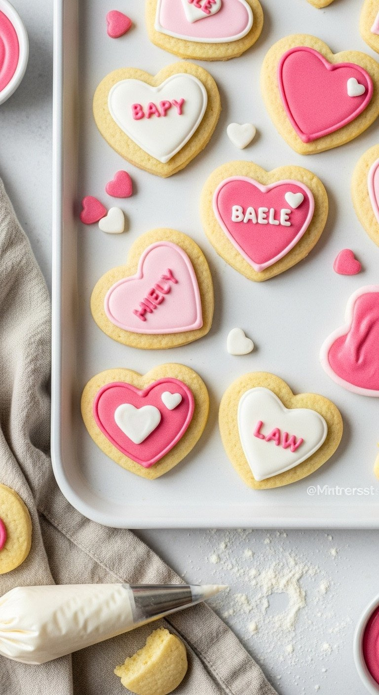 Mini Sweetheart Sugar Cookies Decorated With Pink And White Royal Icing. Adorable Valentine's Day Treats, Homemade.