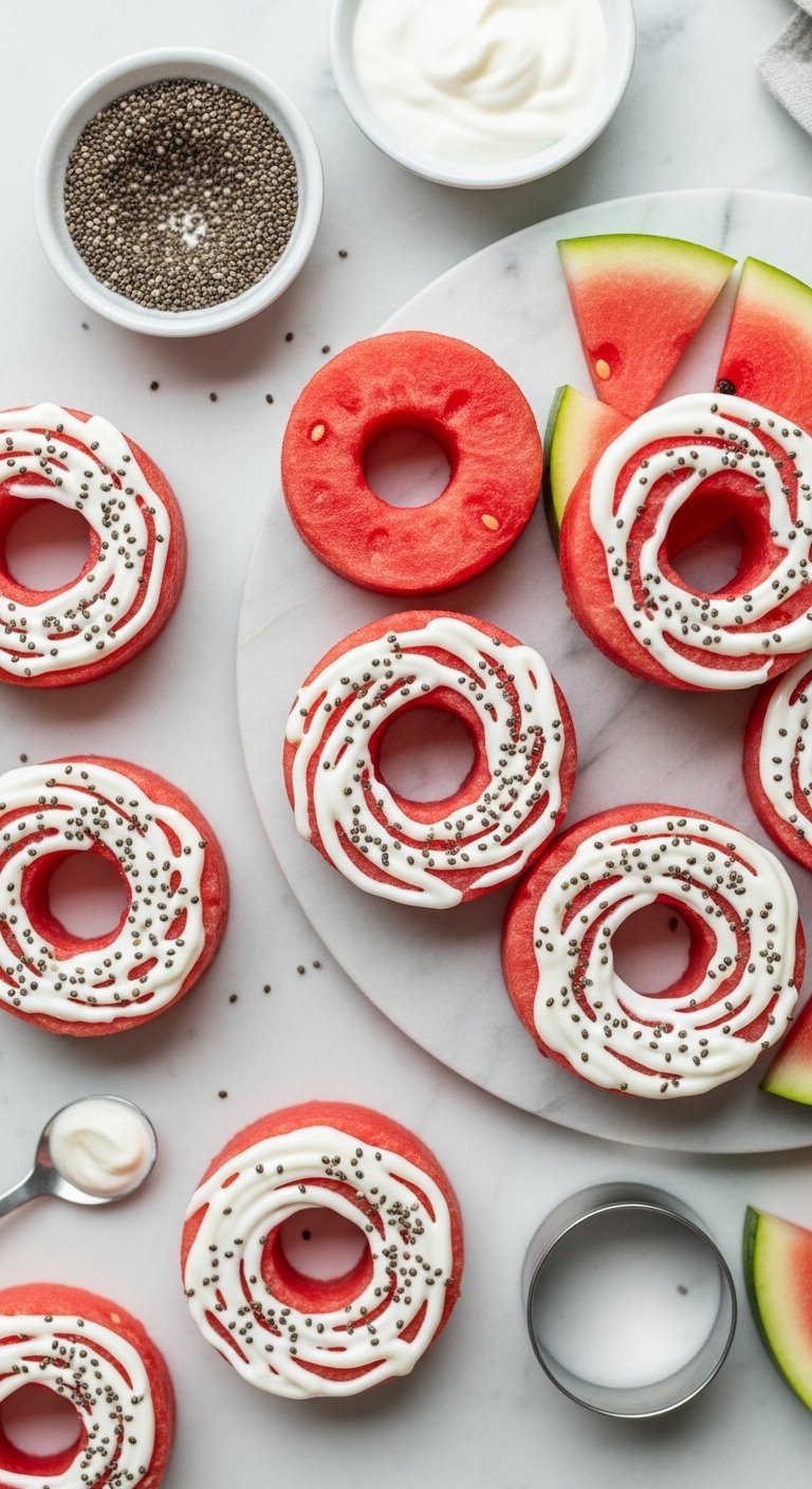 Mini Watermelon Donut Slices Topped With Creamy Yogurt Frosting And Black Chia Seeds On A Marble Countertop.