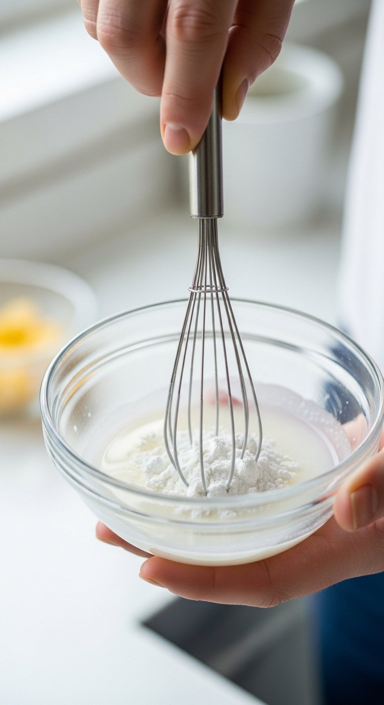 Mini Whisk Mixing White Cornstarch And Water In A Small Glass Bowl Held By A Hand.