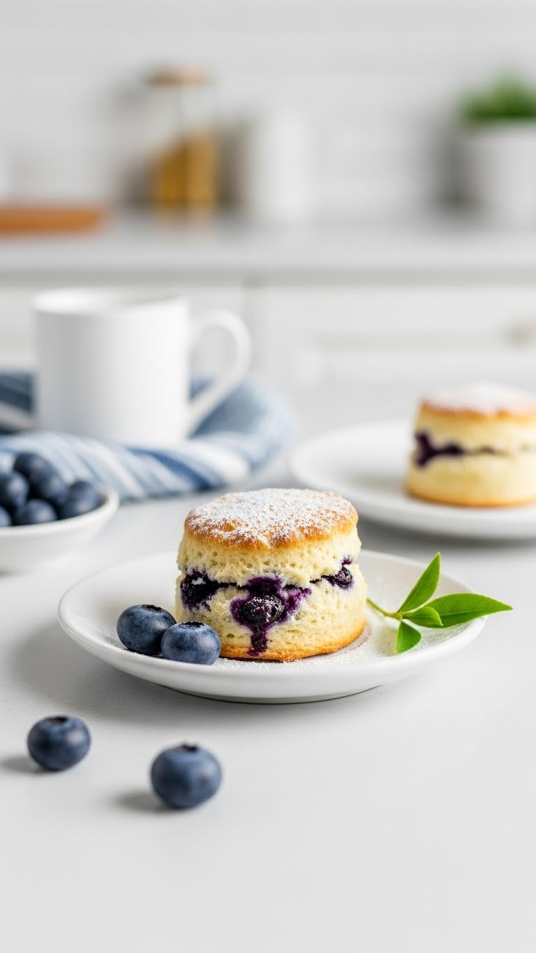 Miniature Blueberry Scone With Powdered Sugar On White Plate With Fresh Blueberries Scattered Nearby