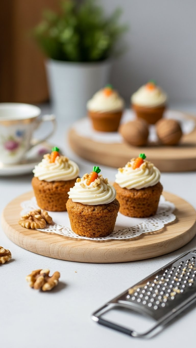 Miniature Carrot Cake Cupcakes With Cream Cheese Frosting And Walnut Toppings On Wooden Serving Platter