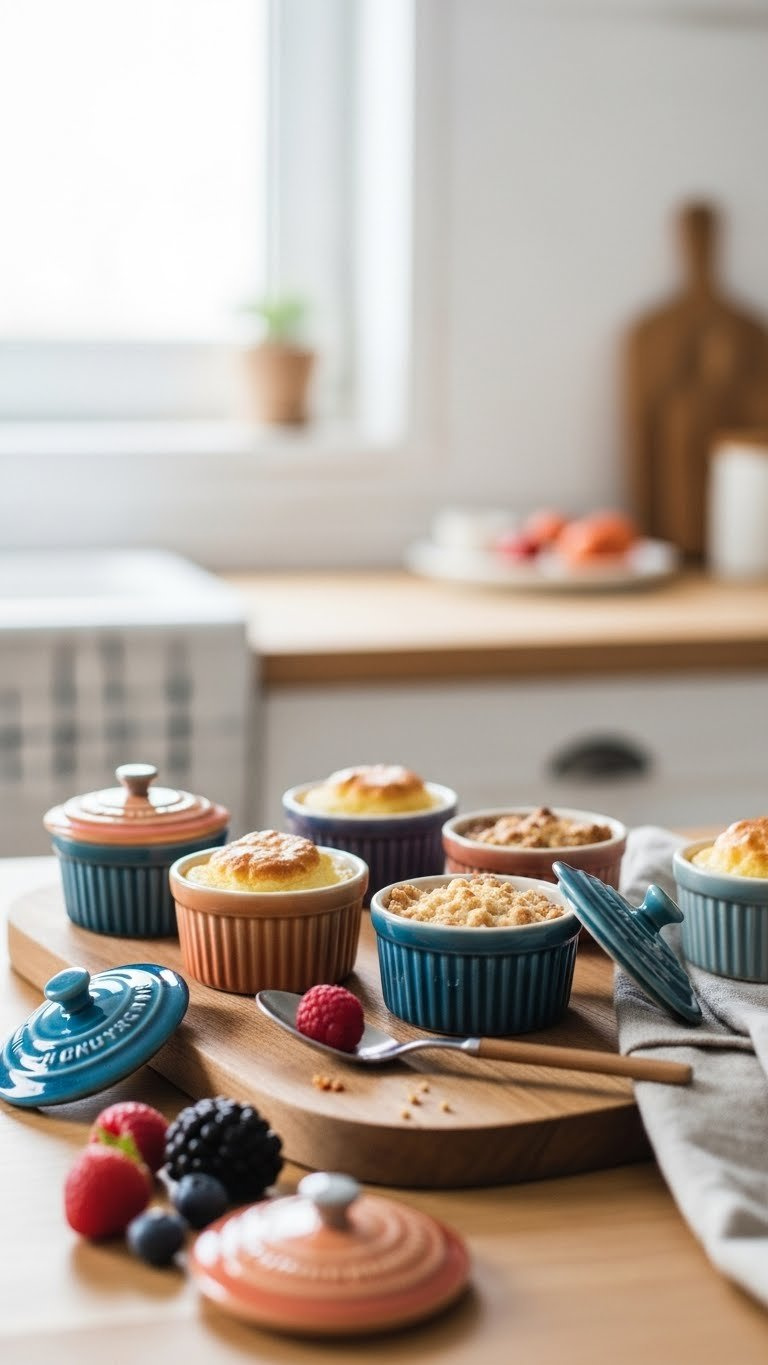 Miniature Ceramic Ramekins With Lids Containing Desserts On Rustic Wooden Board Arrangement