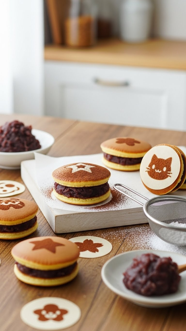 Miniature Dorayaki Pancakes With Cute Character Stencils And Sweet Red Bean Filling On Wooden Tray