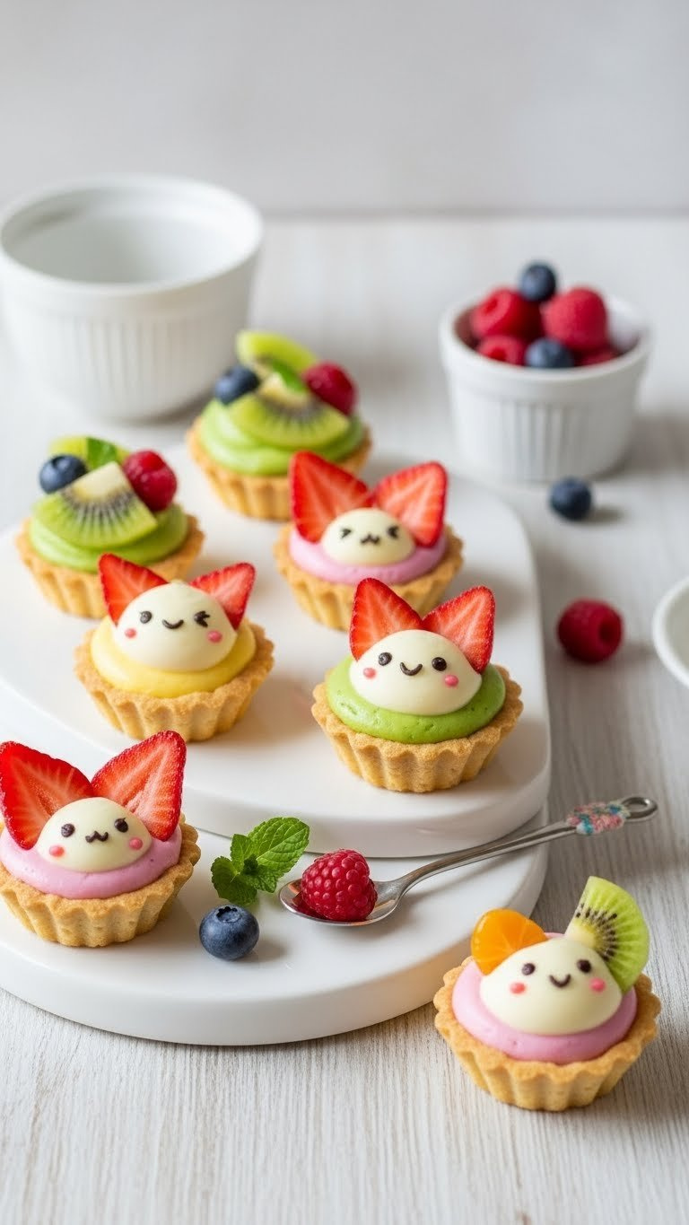 Miniature Fruit Tarts With Kawaii Animal Faces Made From Fresh Fruit On White Serving Tray